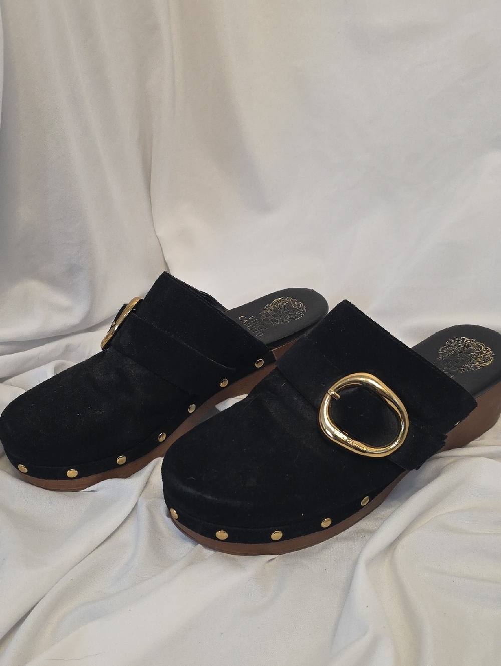 Vince Camuto Black Suede Clog Mules with Gold Buckle